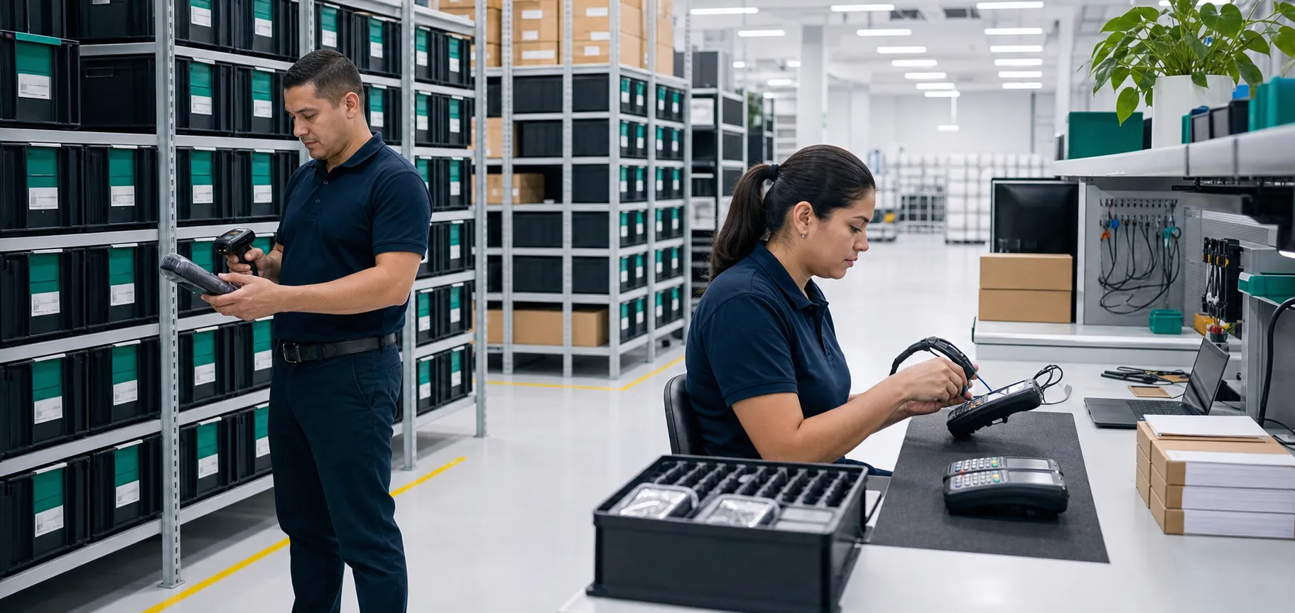 Equipo de NUVIA gestionando inventario y pruebas técnicas de terminales de pago